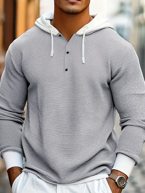 Men Casual Waffle Knit Hooded Henley Shirt - Image 3