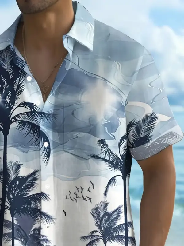 Men Short Sleeve Lapel Shirt With Coconut Tree Pattern Print - Image 3