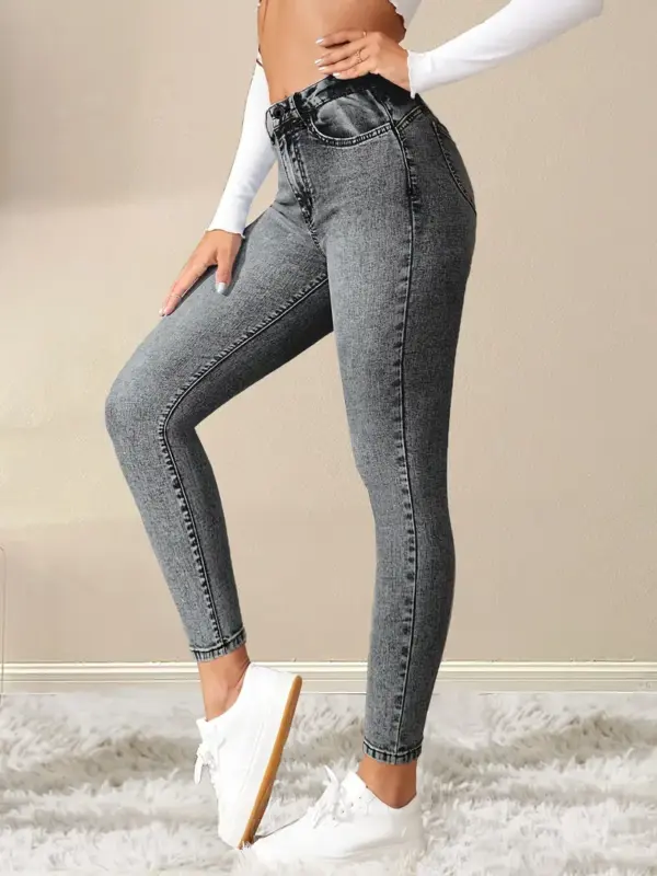 Elegant High Rise Jeans Button Skinny Pants - Image 2