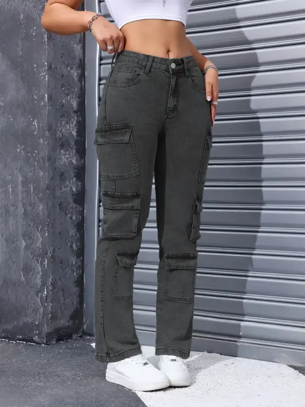 Loose Straight Jeans Multi Pockets Casual Pants for Women - Image 2