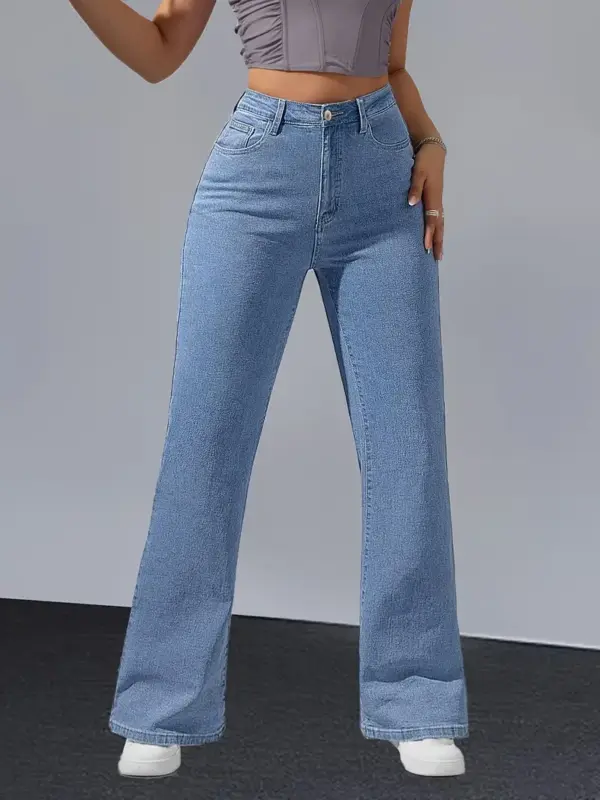 Womens Light Stretch Flare Jeans Button Washed - Image 2