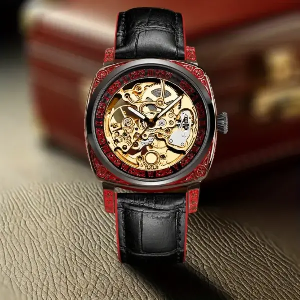 Red Faux Strap Fashion Mechanical Watch - Image 3