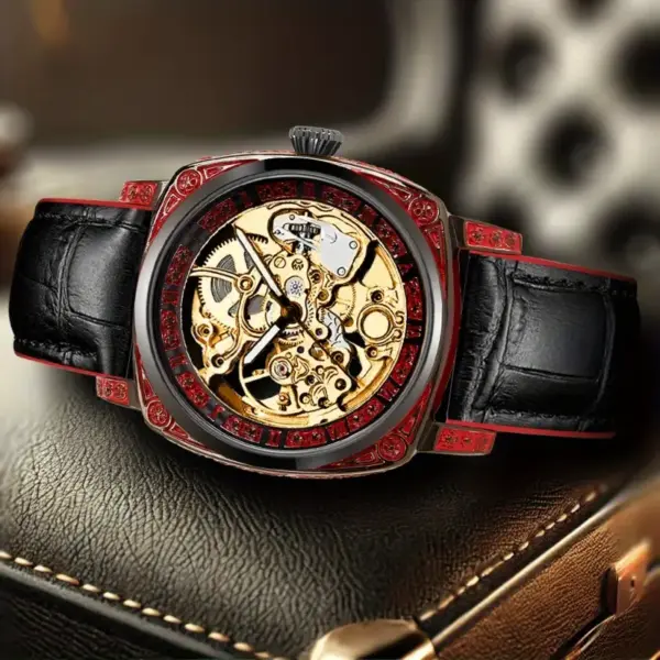 Red Faux Strap Fashion Mechanical Watch - Image 2