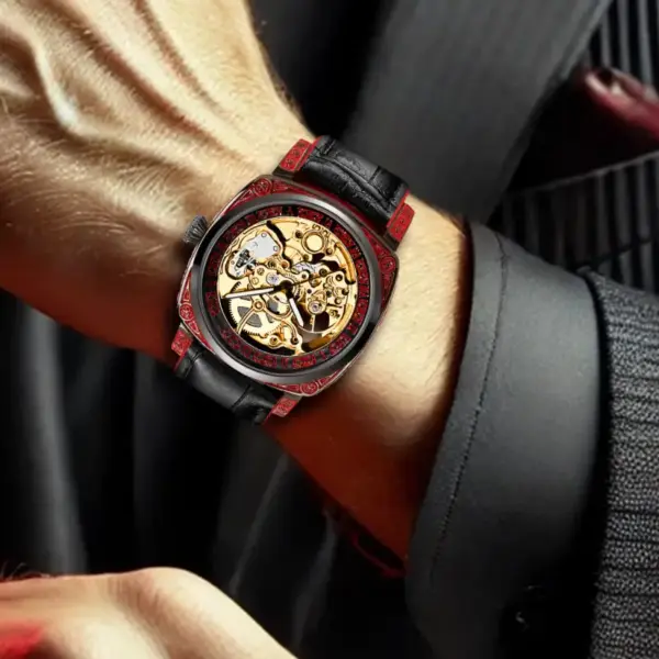 Red Faux Strap Fashion Mechanical Watch - Image 4