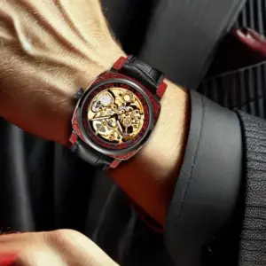 Red Faux Strap Fashion Mechanical Watch