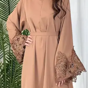 Elegant Beige Dress with Floral Lace Sleeves and Zipper