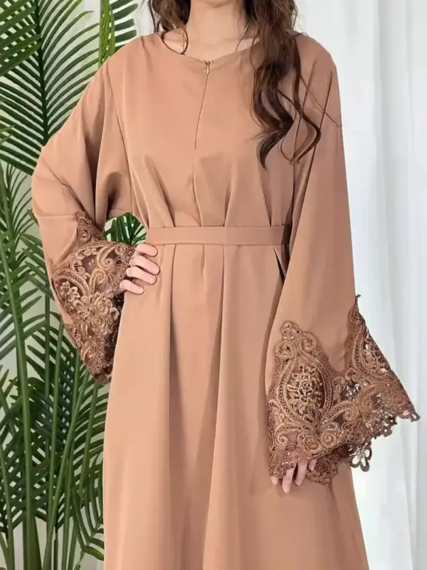 Elegant Beige Dress with Floral Lace Sleeves and Zipper