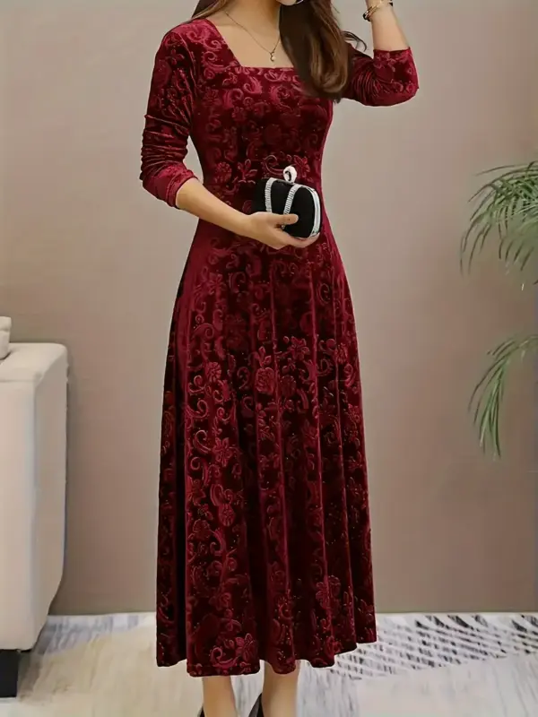 Floral Pattern Square Neck Velvet Dress - Image 5