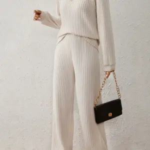 Chic Half Zip Long Sleeve Top And Wide Leg Pants Set