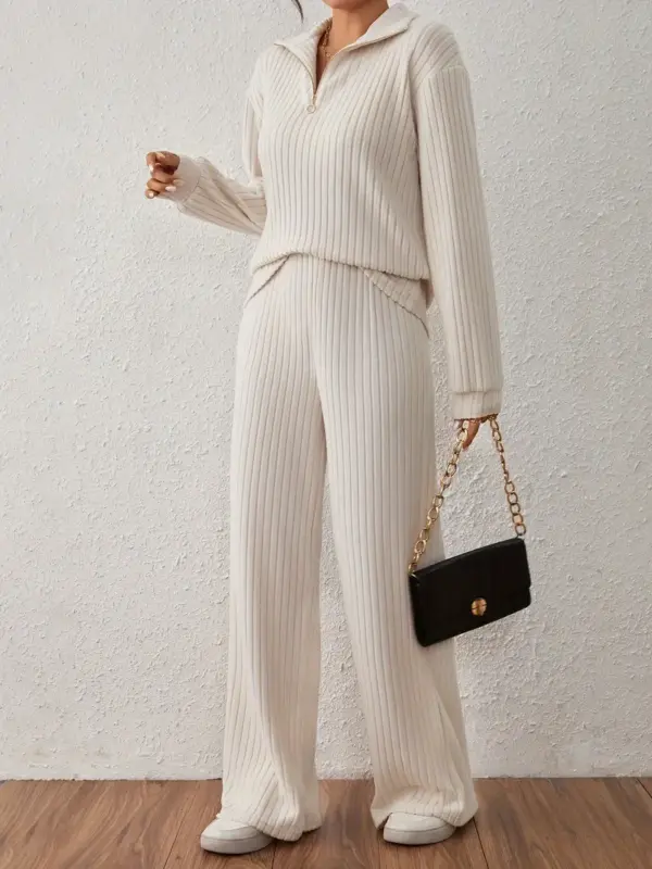 Chic Half Zip Long Sleeve Top And Wide Leg Pants Set