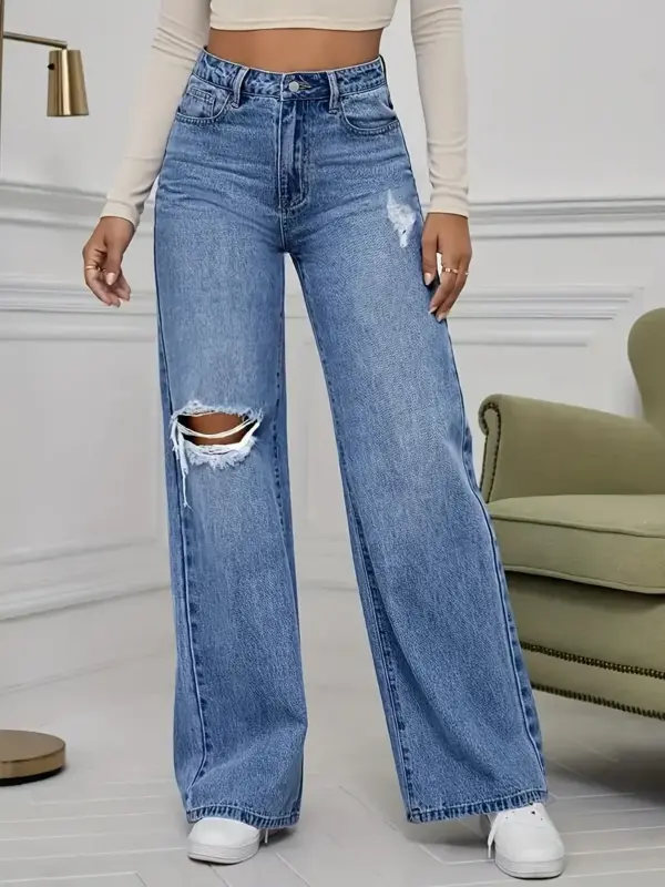 Womens High Waisted Ripped Wide Jeans - Image 2