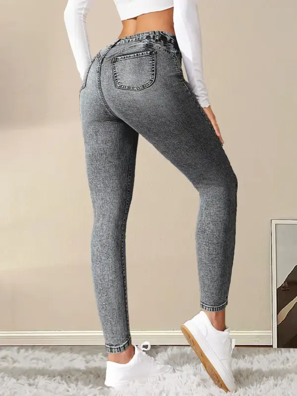 Elegant High Rise Jeans Button Skinny Pants - Image 3