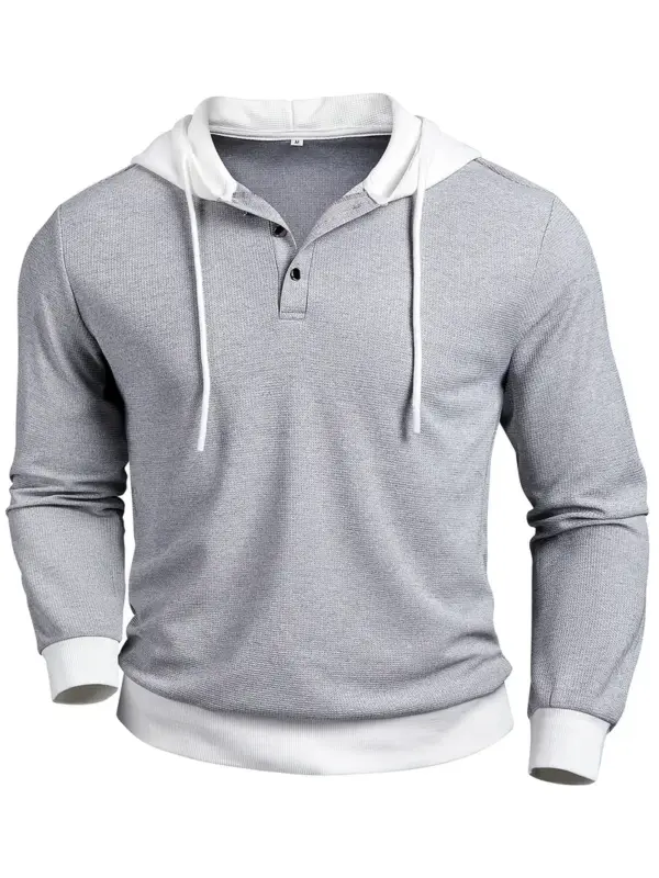 Men Casual Waffle-Knit Hooded Henley Shirt