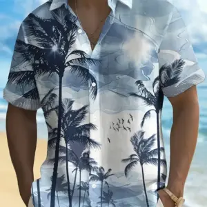 Men Short Sleeve Lapel Shirt With Coconut Tree Pattern Print