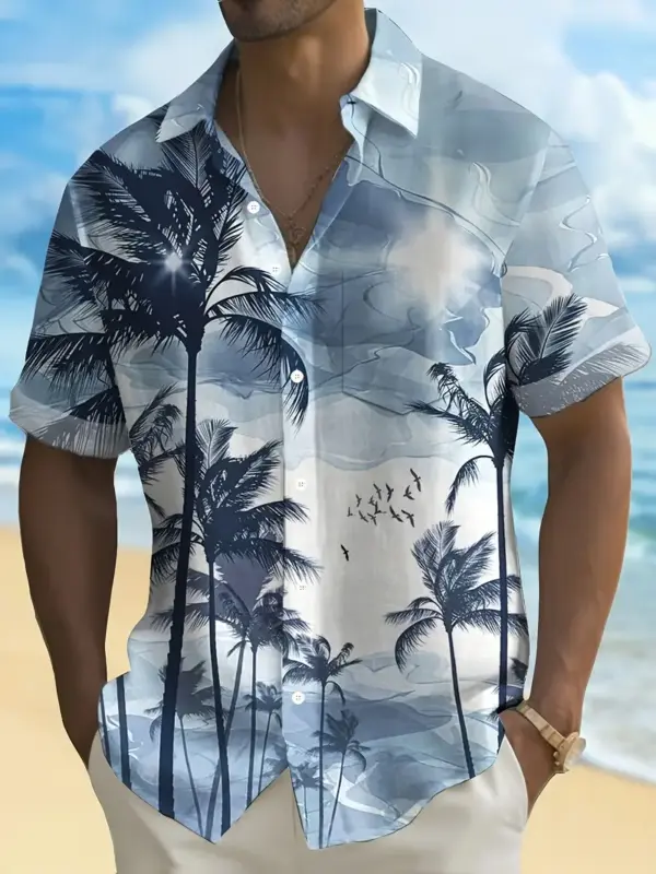 Men Short Sleeve Lapel Shirt With Coconut Tree Pattern Print