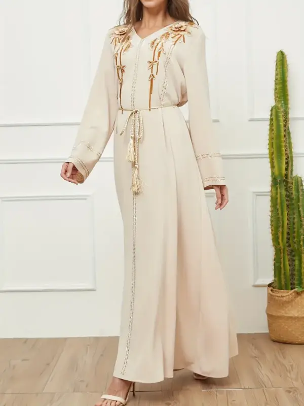 Elegant V-Neck Long Sleeve Kaftan Dress with Belt