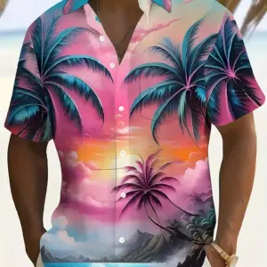 Men Tropical Sunset Print Button Up Shirt