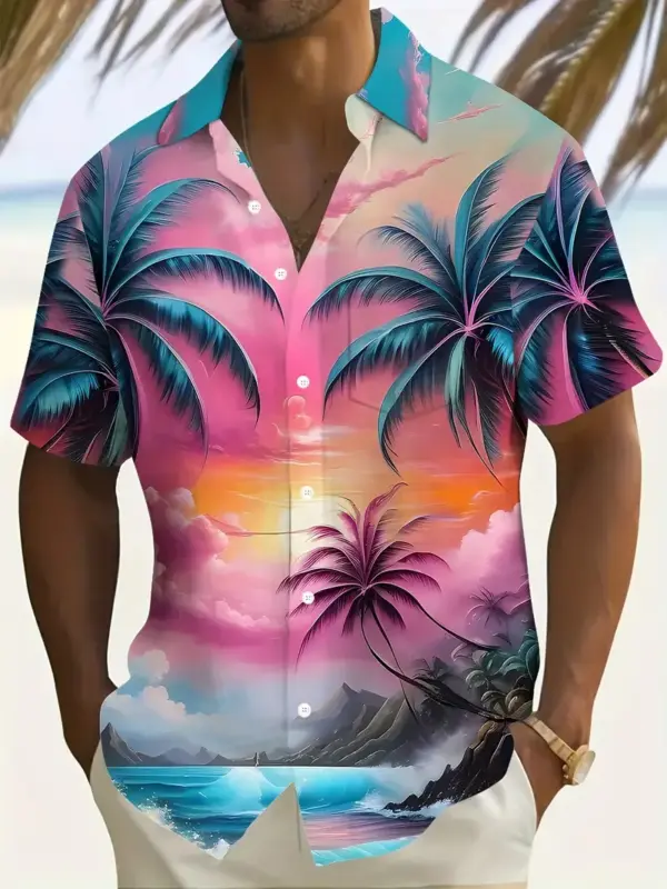 Men Tropical Sunset Print Button Up Shirt