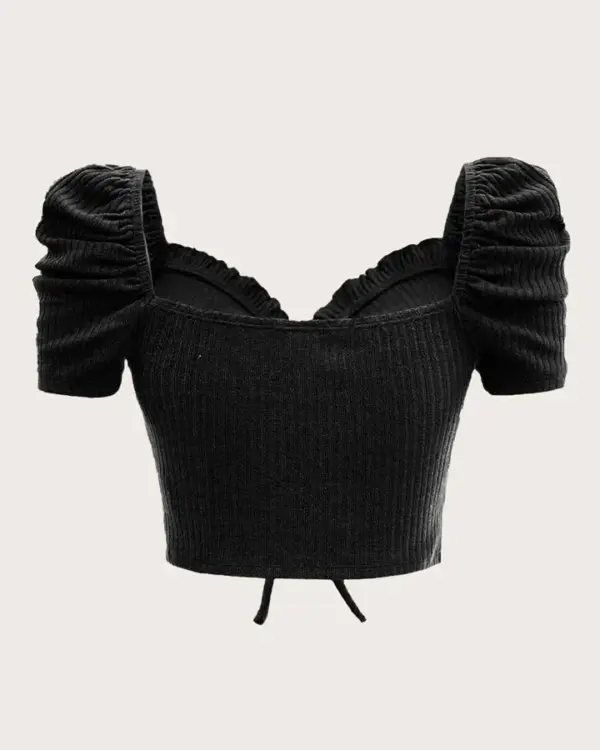 Puffed Sleeve Vest Ruffle Top In Black - Image 4