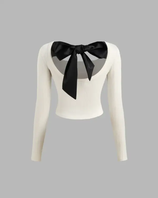 Scoop Neckline Bowknot Ruched Crop Long Sleeve Top - Image 3