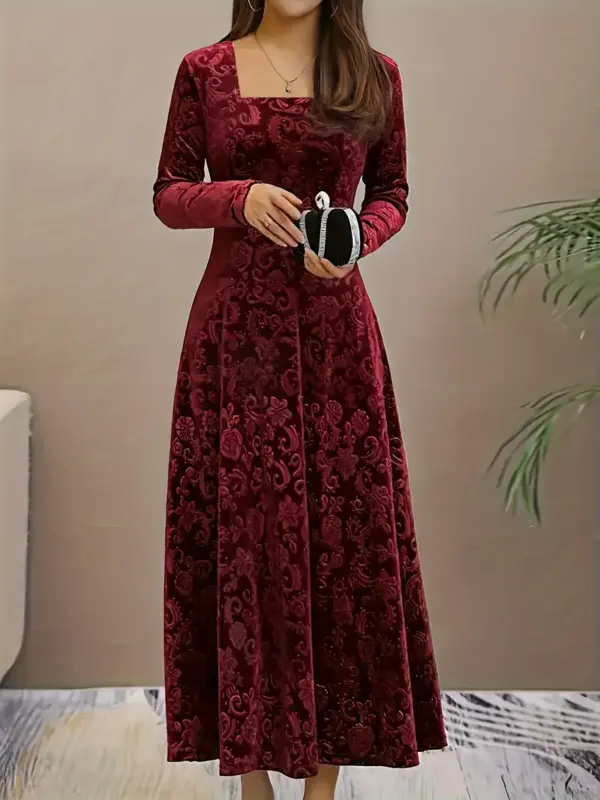 Floral Pattern Square Neck Velvet Dress