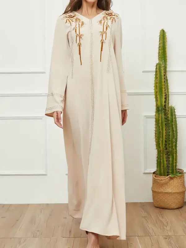 Elegant V-Neck Long Sleeve Kaftan Dress with Belt - Image 4