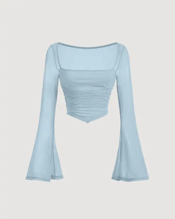 Square Neck Bell Sleeve Asymmetrical Sheer Mesh Blue Crop Top