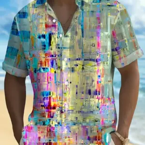 Men Short Sleeve Button Up Shirt With Vibrant Abstract Gradient Art Print