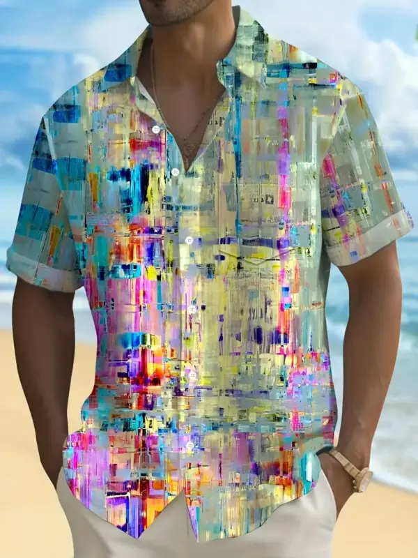 Men Short Sleeve Button Up Shirt With Vibrant Abstract Gradient Art Print