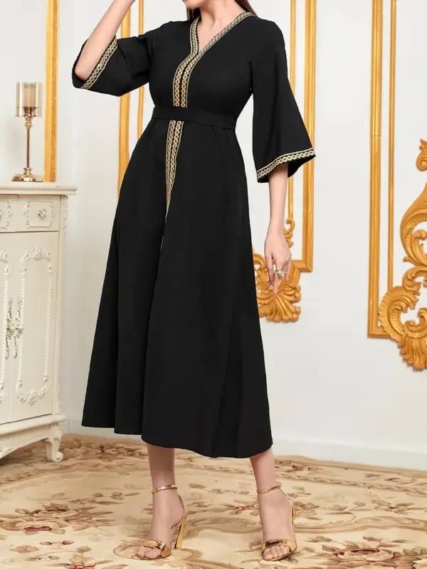 Contrast Trim V neck Belted Kaftan Midi Dress - Image 5