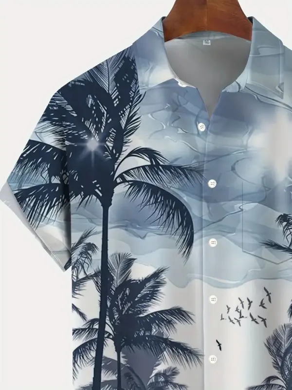 Men Short Sleeve Lapel Shirt With Coconut Tree Pattern Print - Image 4