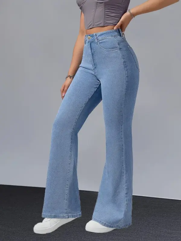 Womens Light Stretch Flare Jeans Button Washed - Image 3