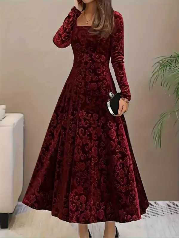 Floral Pattern Square Neck Velvet Dress - Image 4