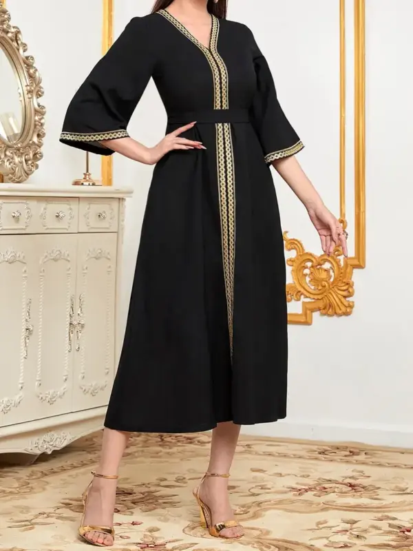 Contrast Trim V neck Belted Kaftan Midi Dress - Image 4