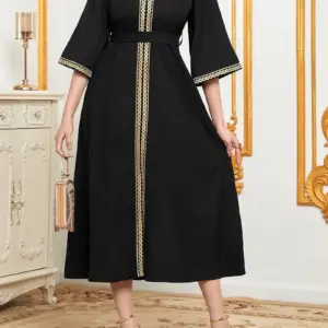 Contrast Trim V neck Belted Kaftan Midi Dress