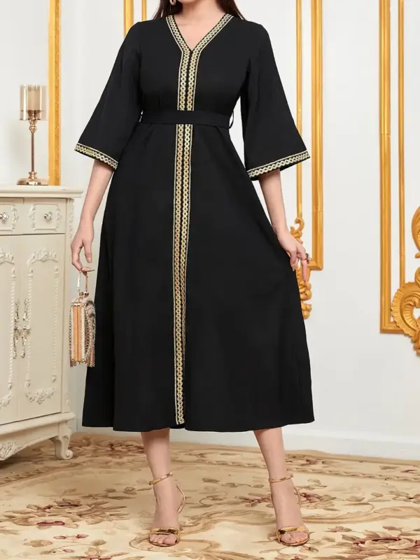 Contrast Trim V neck Belted Kaftan Midi Dress