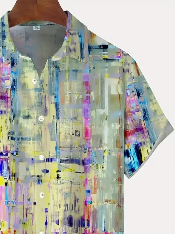 Men Short Sleeve Button Up Shirt With Vibrant Abstract Gradient Art Print - Image 4