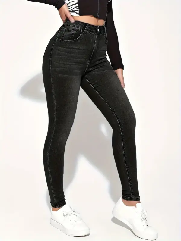 Black Slim Fit Skinny Jeans High Slant Pockets - Image 2