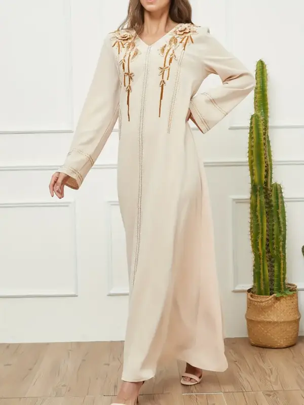 Elegant V-Neck Long Sleeve Kaftan Dress with Belt - Image 3