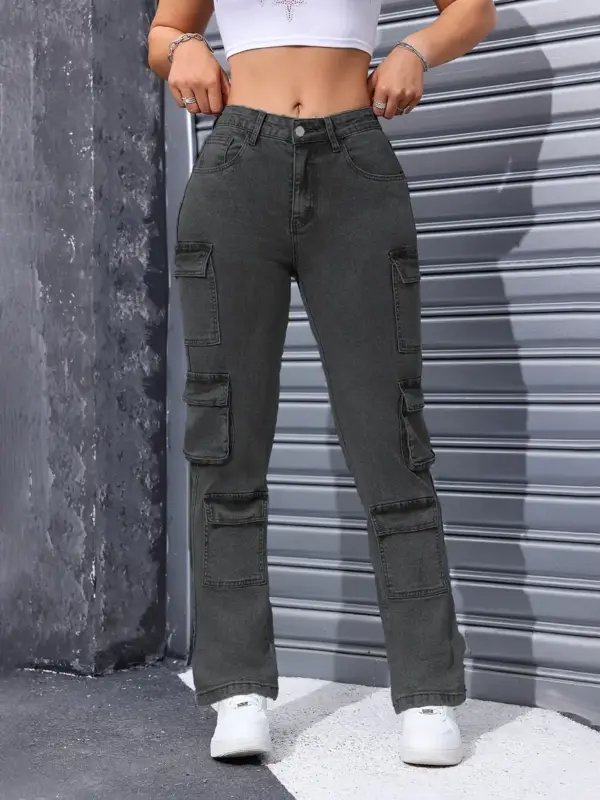 Loose Straight Jeans Multi Pockets Casual Pants for Women - Image 3