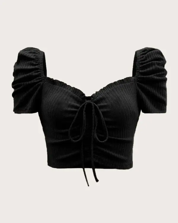 Puffed Sleeve Vest Ruffle Top In Black