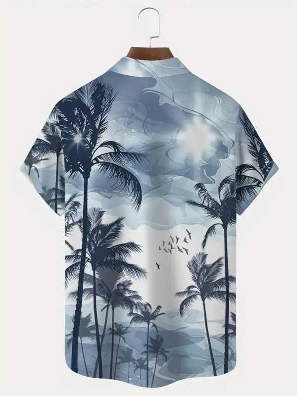 Men Short Sleeve Lapel Shirt With Coconut Tree Pattern Print - Image 2