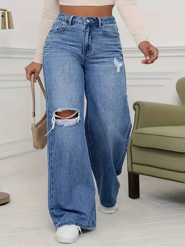 Womens High Waisted Ripped Wide Jeans - Image 4