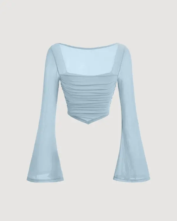 Square Neck Bell Sleeve Asymmetrical Sheer Mesh Blue Crop Top - Image 4