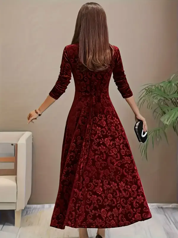 Floral Pattern Square Neck Velvet Dress - Image 3