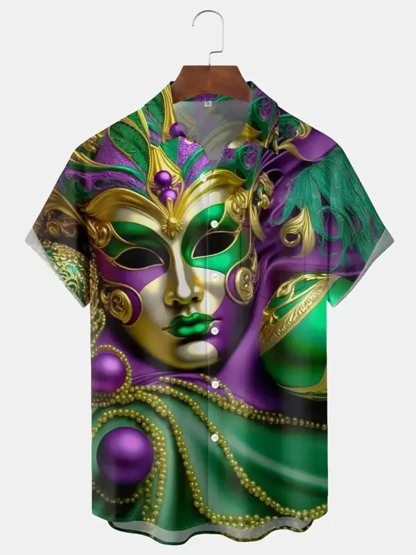 Men Short Sleeve Shirt With Mardi Gras Mask Print - Image 2