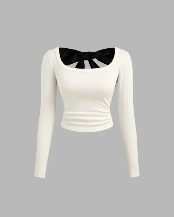 Scoop Neckline Bowknot Ruched Crop Long Sleeve Top - Image 4