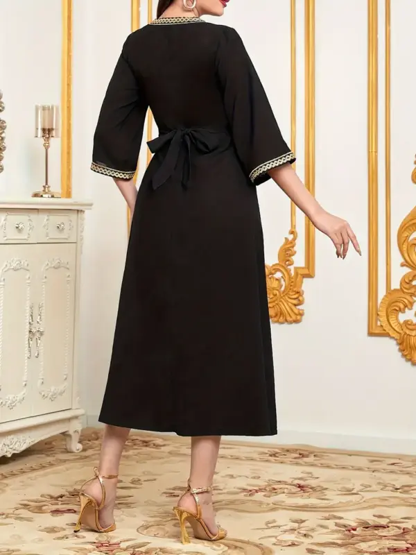 Contrast Trim V neck Belted Kaftan Midi Dress - Image 2