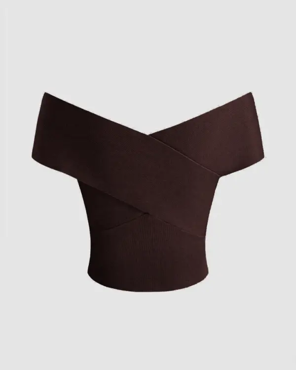 Off shoulder Ruched Chocolate Brown Crop Top - Image 2