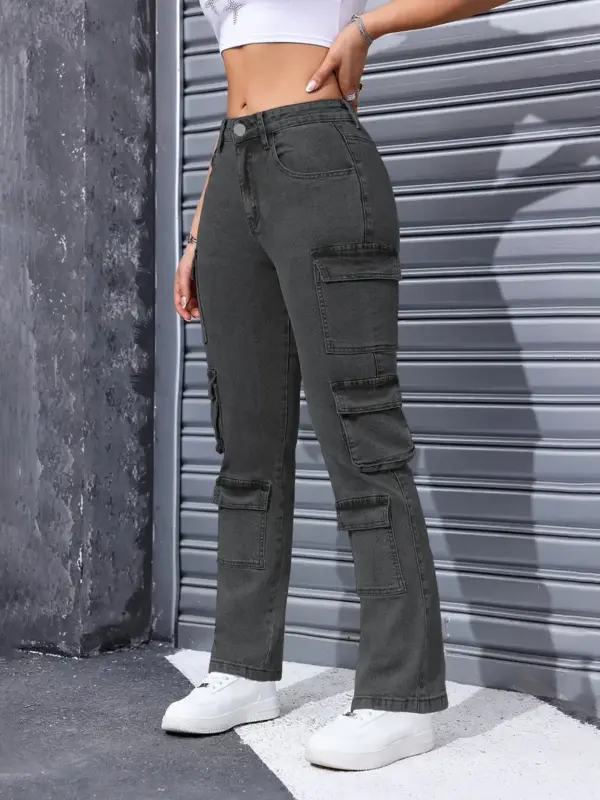 Loose Straight Jeans Multi Pockets Casual Pants for Women